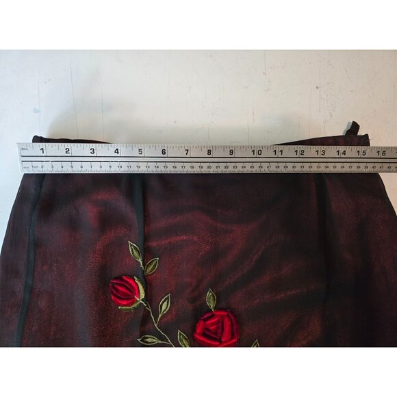 Vtg 90s Floral Embroidered Black Mesh Overlay Red Satin Skirt Medium - Picture 4 of 5